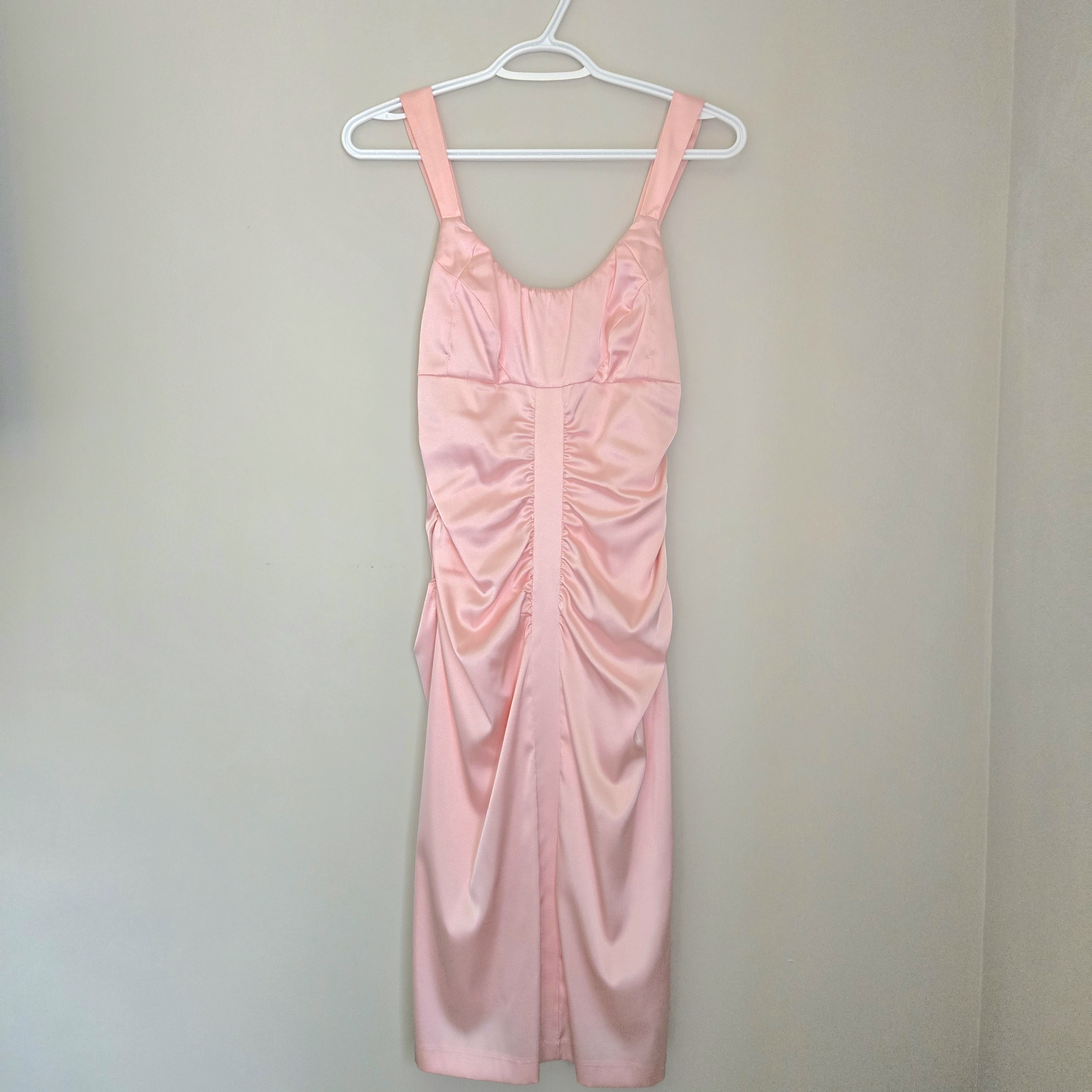 Le Chateau Blush Pink Satin Fitted Ruched Midi Dress - For Formal Or Weddings